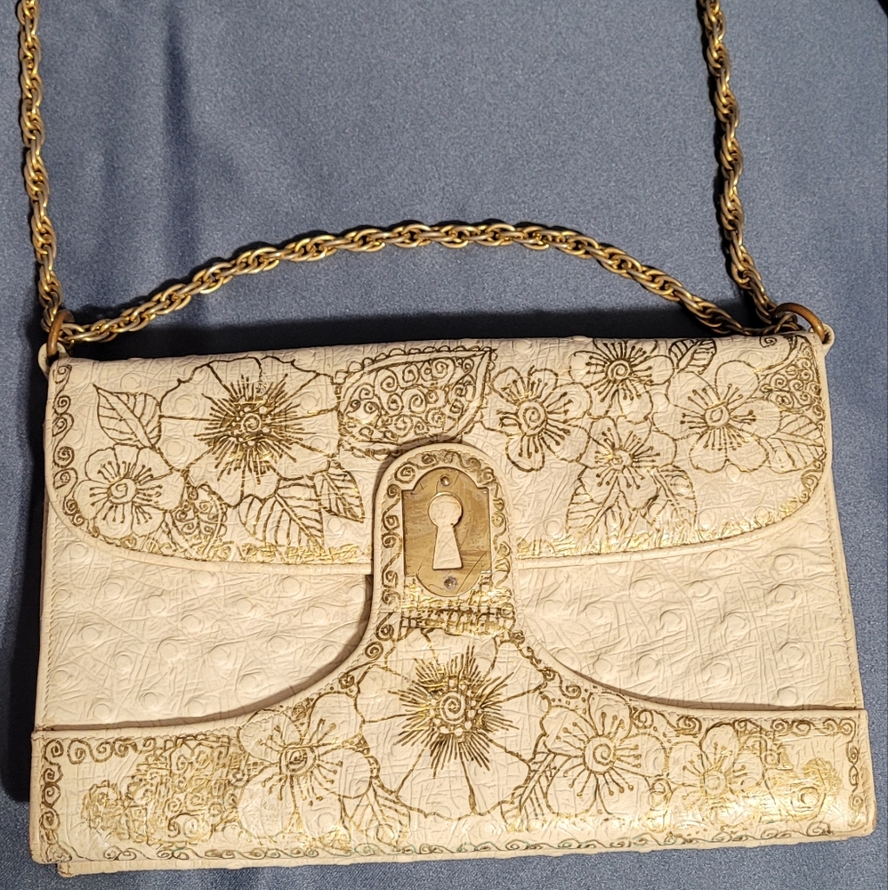 VINTAGE BLOCK OSTRICH GOLD EMBELLISHMENT FLORAL PURSE HANDBAG
